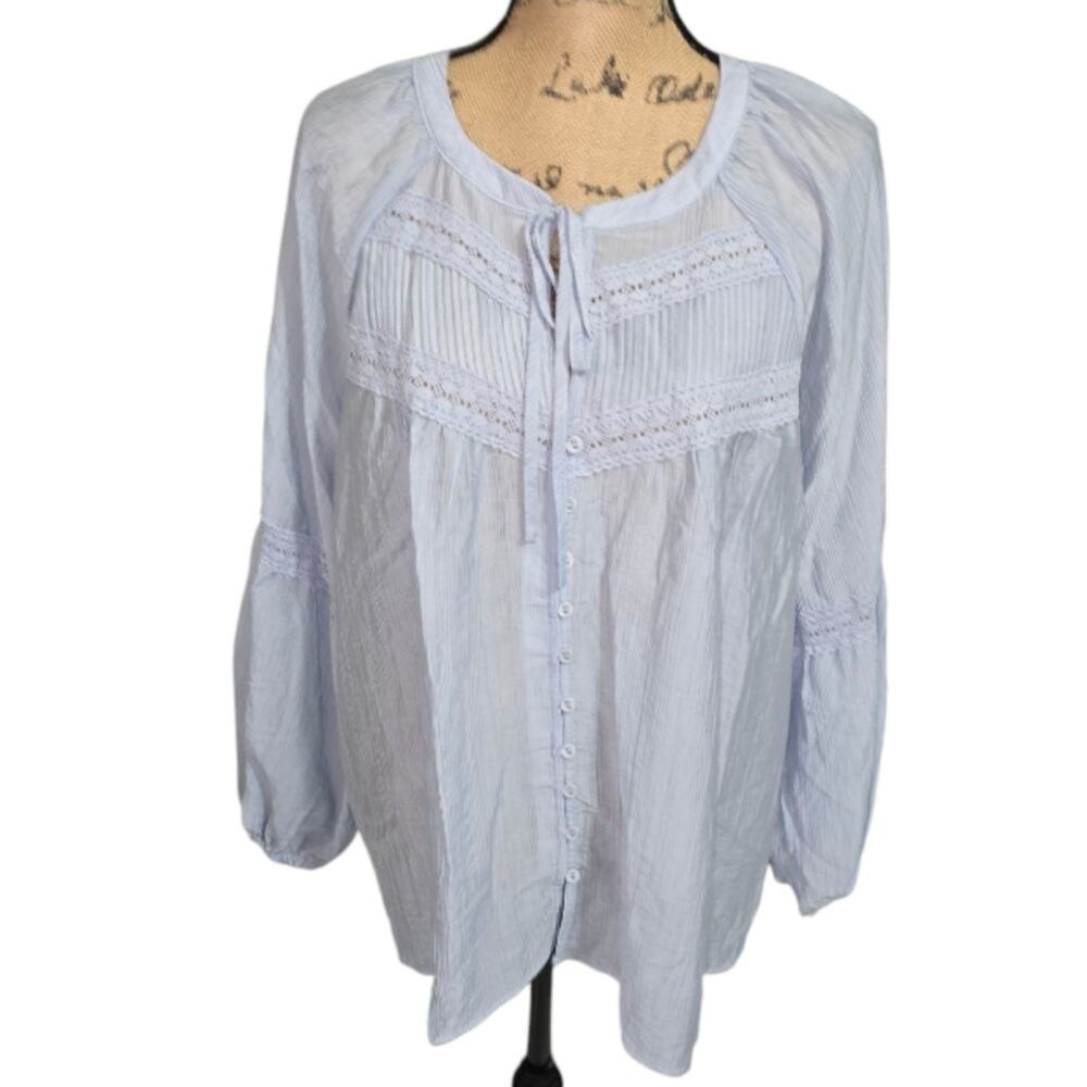 Laura Ashley Women's Light Blue Blouse Peasant Boho Lightweight Plus Size 2X New